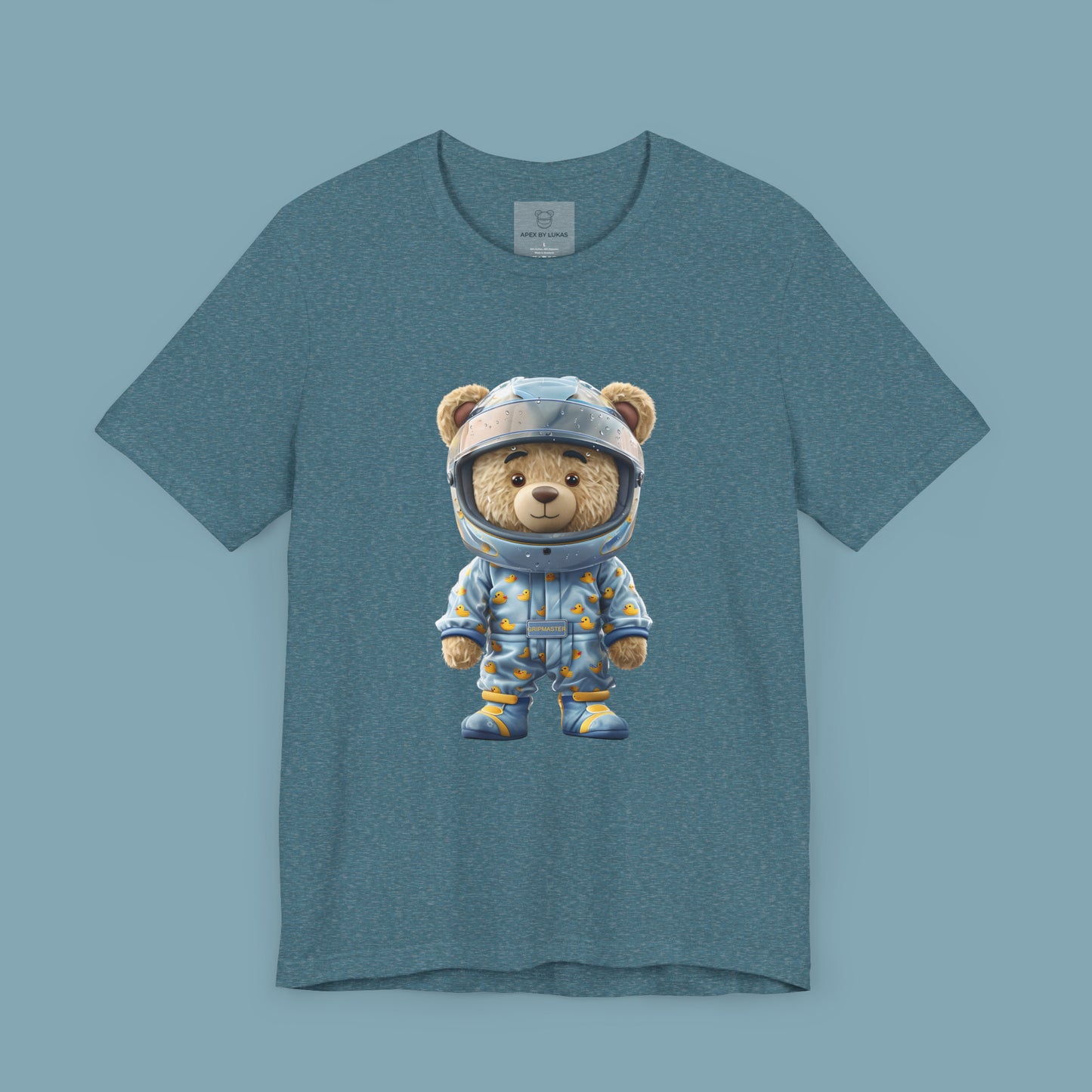 Grip Master teddy bear wearing a light blue karting racing suit with cute rubber duck pattern and light blue helmet on a heather deep teal color unisex streetwear t-shirt