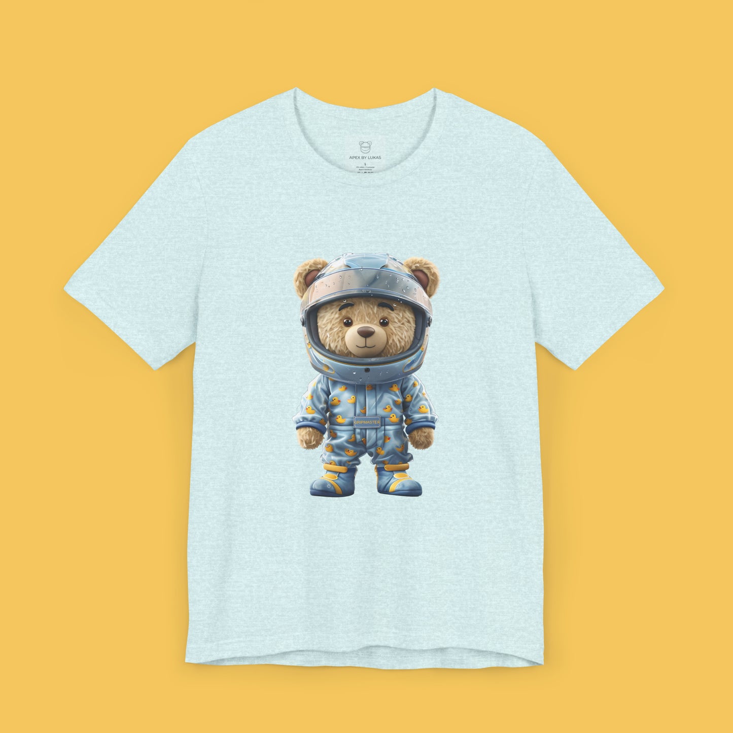 Grip Master teddy bear wearing a light blue karting racing suit with cute rubber duck pattern and light blue helmet on a heather prism ice blue color unisex streetwear t-shirt