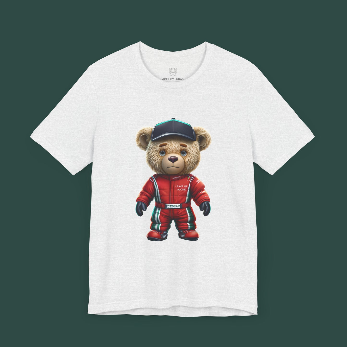 Serious iceman teddy bear wearing a red GP racing suit in red color and a black cap on a ash unisex t-shirt
