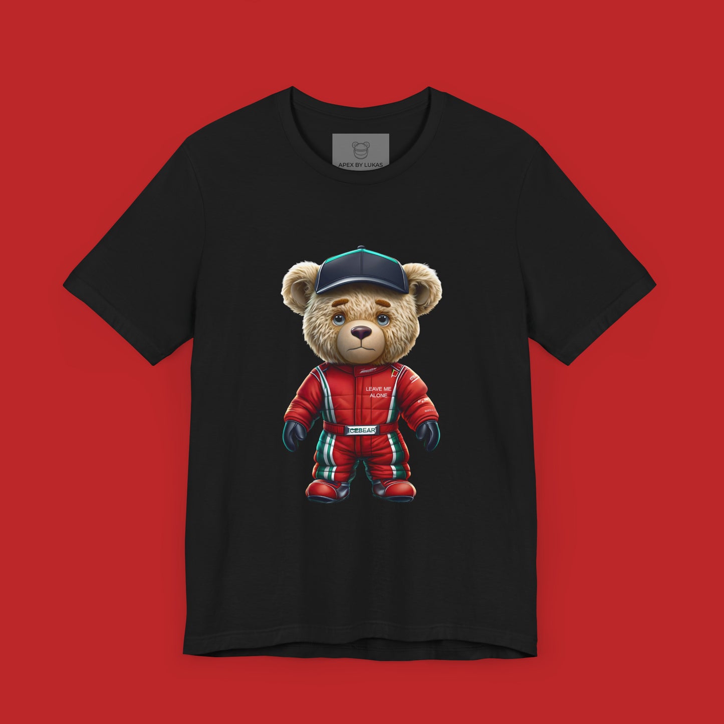 Serious iceman teddy bear wearing a red GP racing suit in red color and a black cap on a black unisex t-shirt