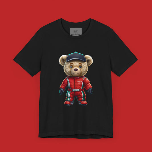 Serious iceman teddy bear wearing a red GP racing suit in red color and a black cap on a black unisex t-shirt