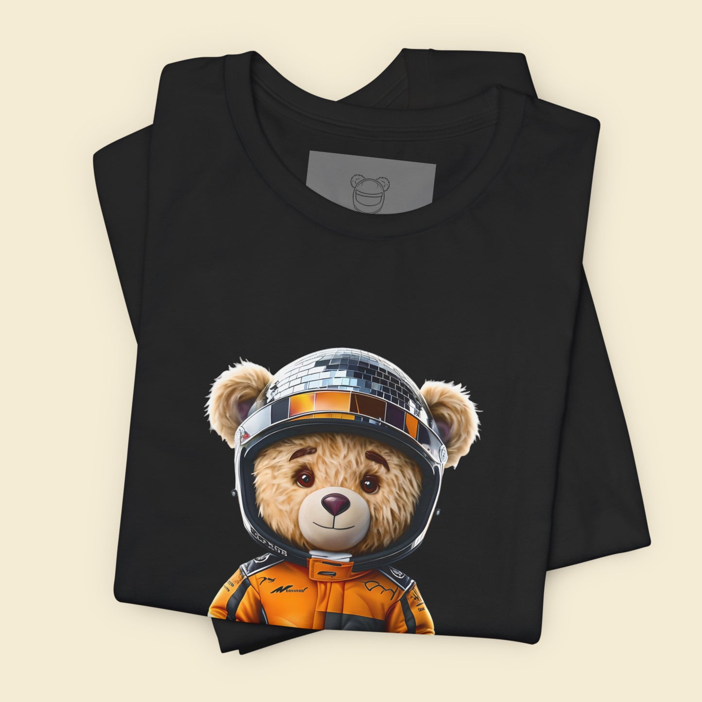 Teddy bear wearing a papaya racing suit and disco helmet on a black unisex t-shirt