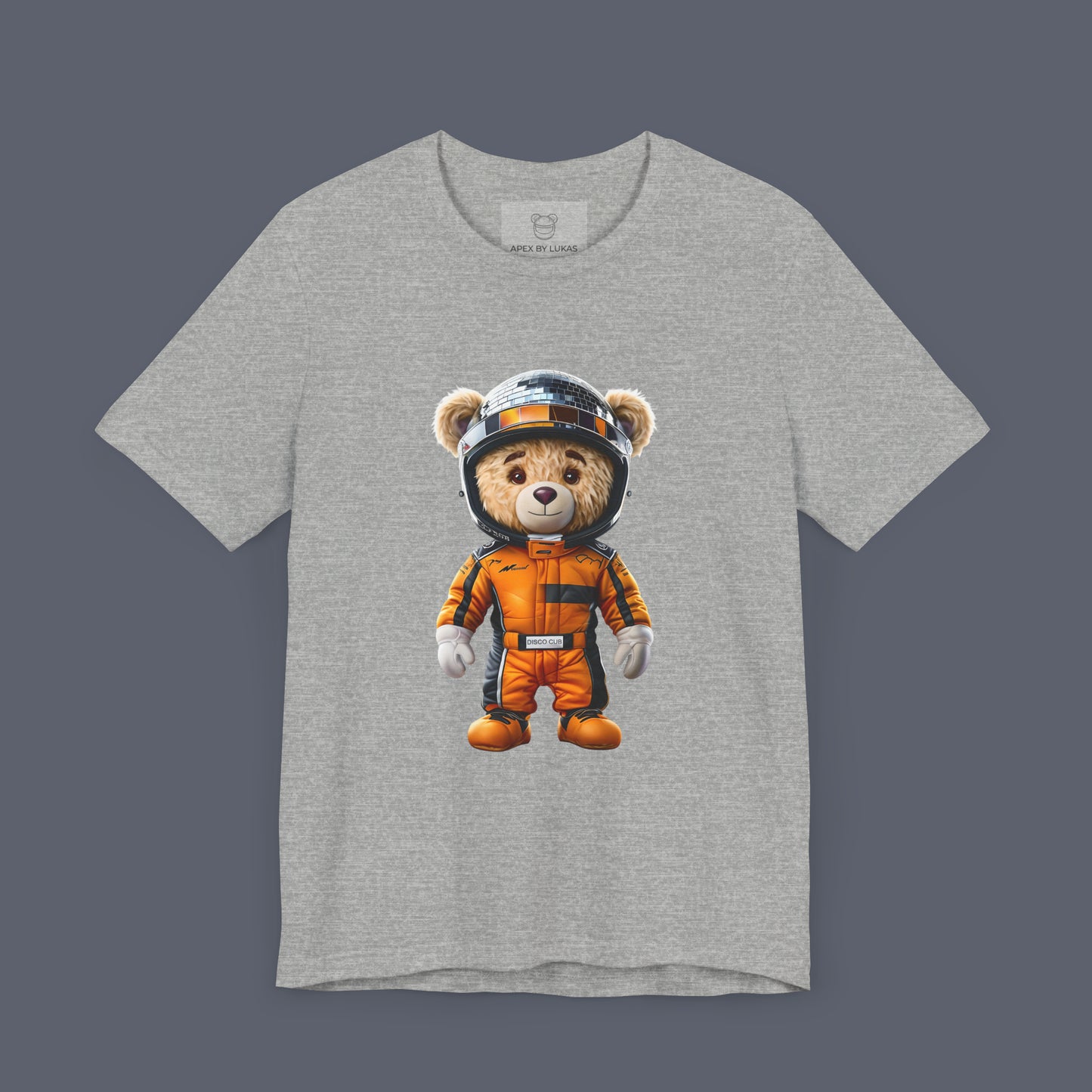 Teddy bear wearing a papaya racing suit and disco helmet on a heather gray unisex t-shirt