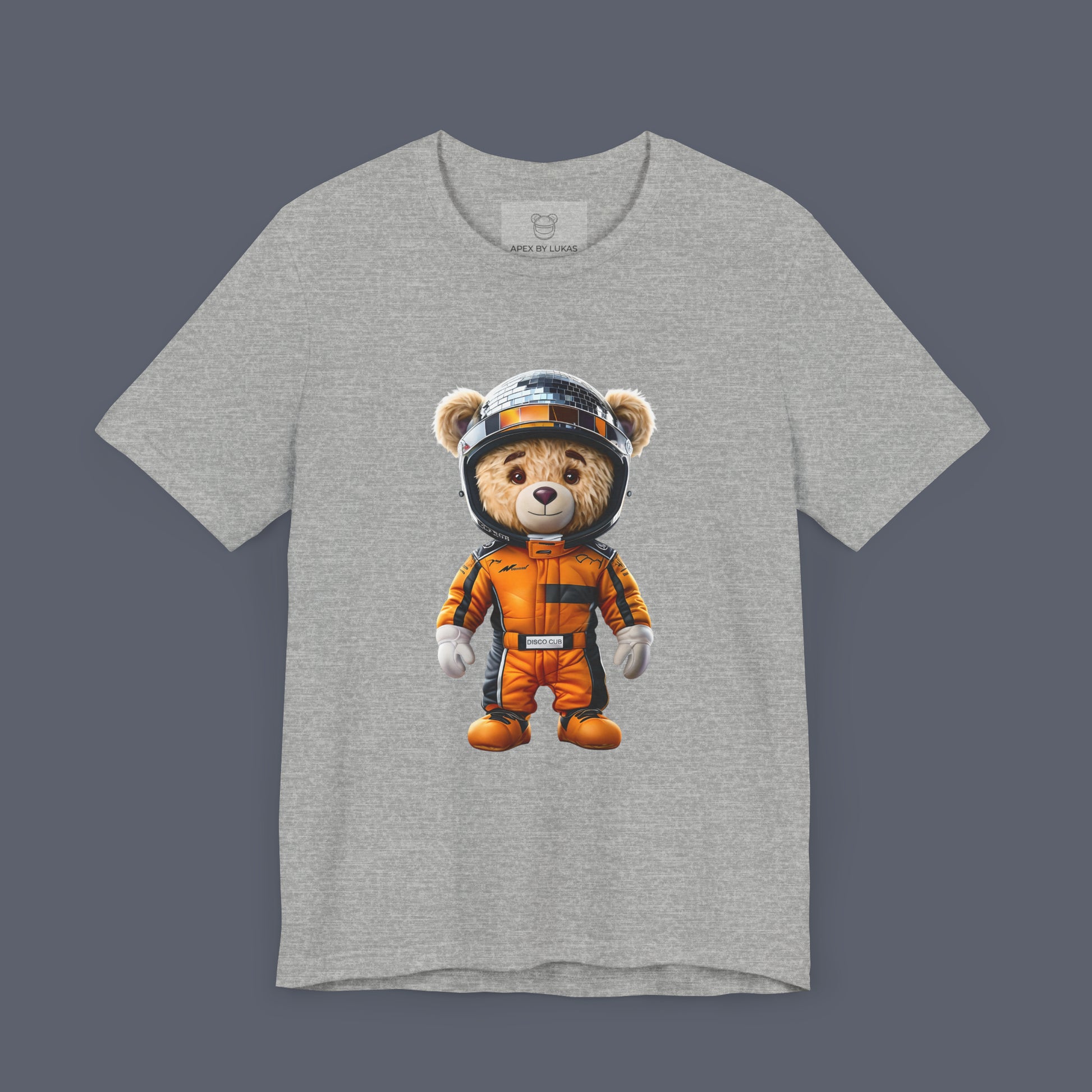 Teddy bear wearing a papaya racing suit and disco helmet on a heather gray unisex t-shirt