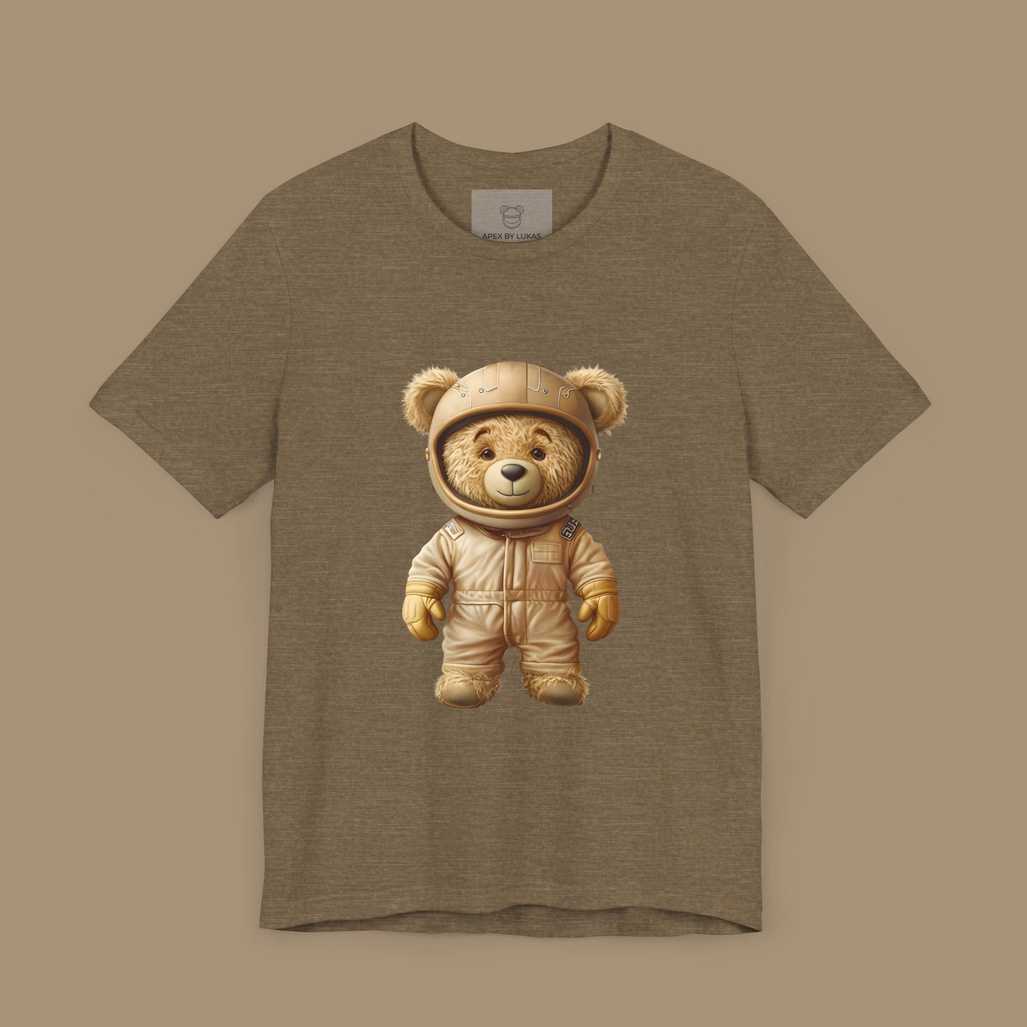 Light brown teddy bear wearing a beige retro karting racing suit and a helmet on a heather olive unisex t-shirt