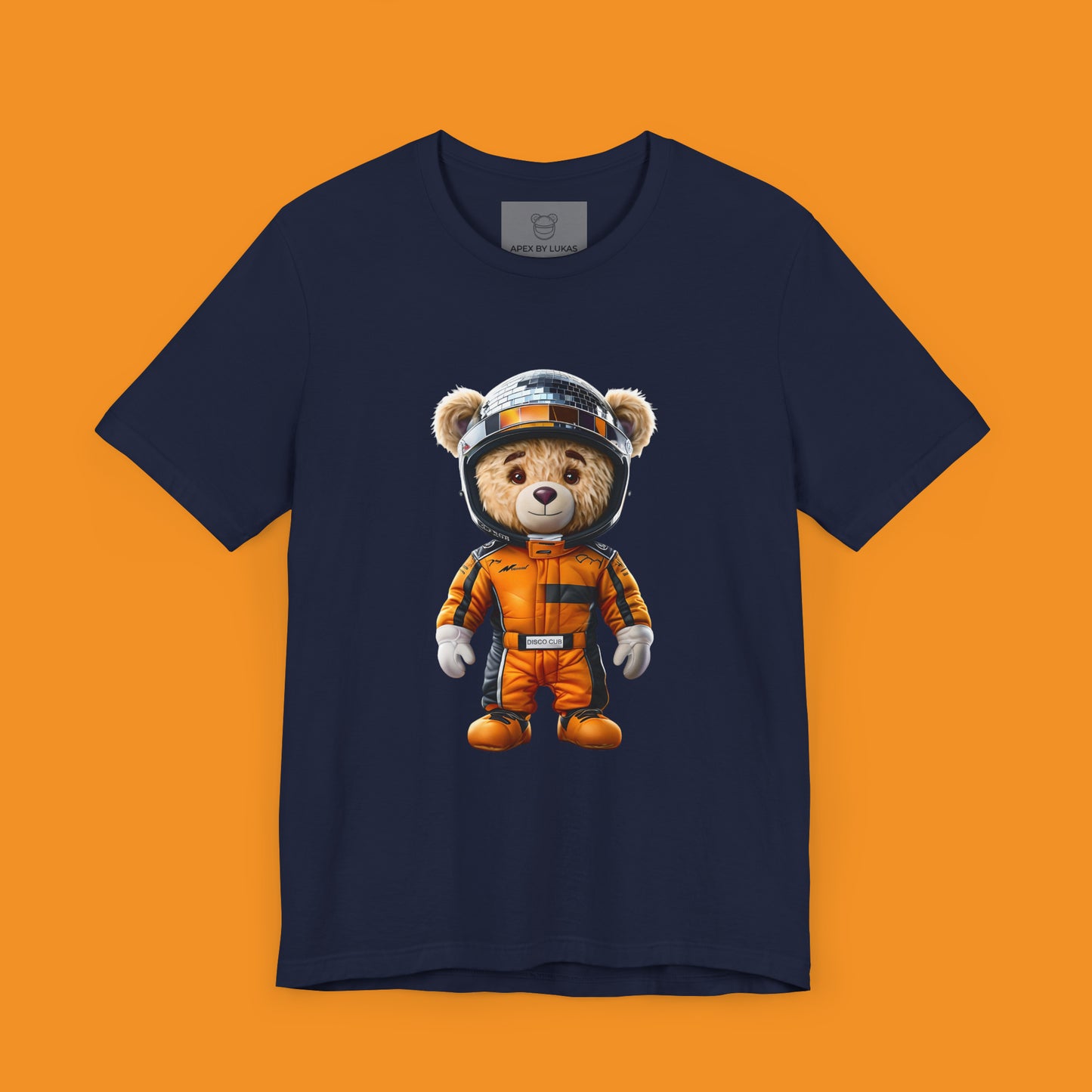 Teddy bear wearing a papaya racing suit and disco helmet on a navy unisex t-shirt