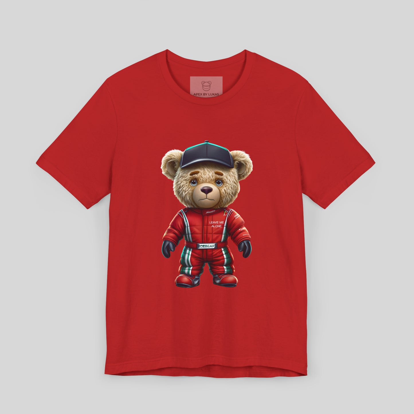 Serious iceman teddy bear wearing a red GP racing suit in red color and a black cap on a red unisex t-shirt