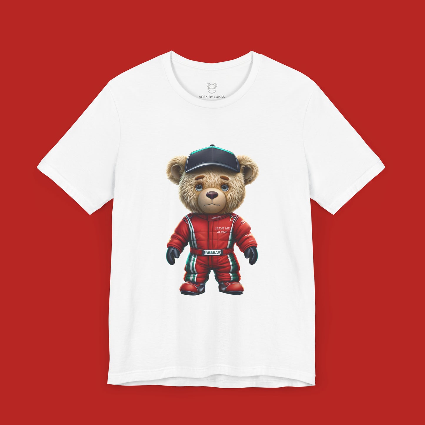 Serious iceman teddy bear wearing a red GP racing suit in red color and a black cap on a white unisex t-shirt