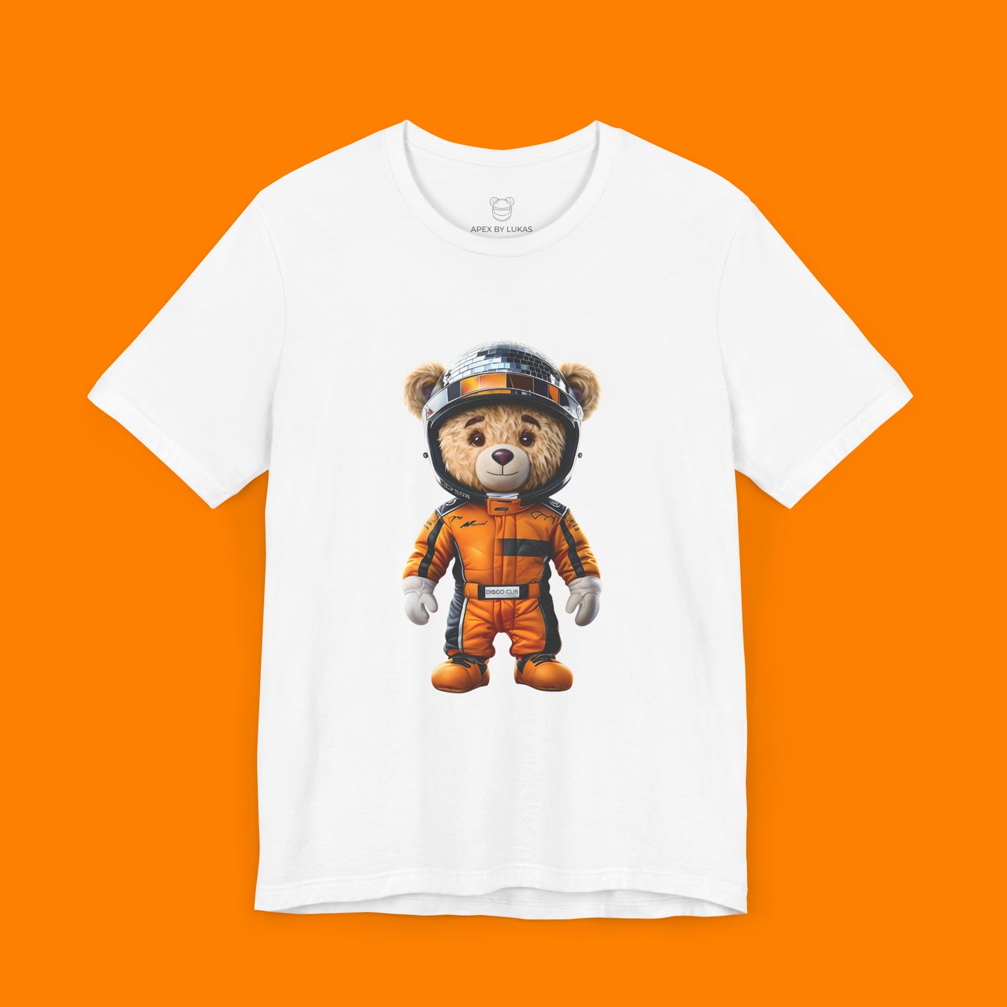 Teddy bear wearing a papaya racing suit and disco helmet on a white unisex t-shirt