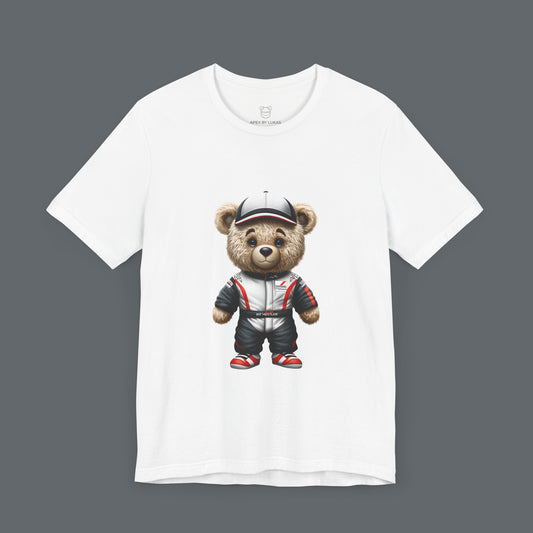 Serious yet cute Teddy Bear wearing a Haas look a like racing suit and a cap in white color with black and red accents on a white unisext-shirt