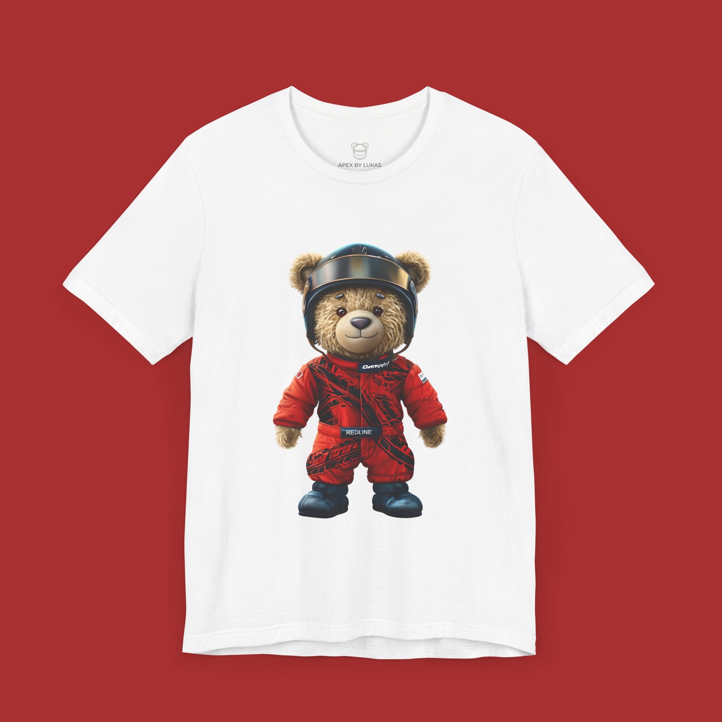 A teddy bear wearing a red karting racing suit with tyre marks, helmet and name patch "Redline" on white streetwear t-shirt