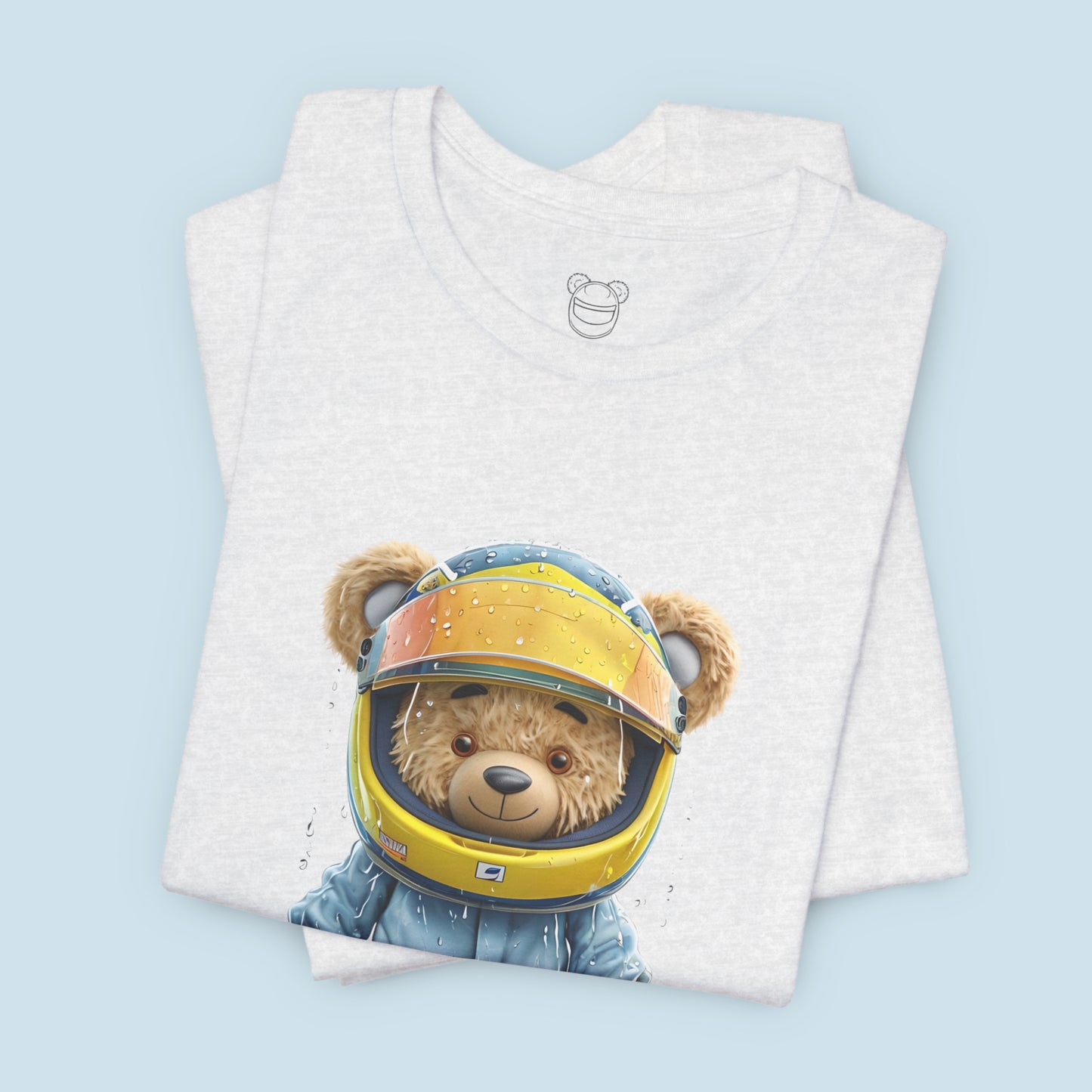 Splash Master teddy bear wearing a blue racing suit, and yellow karting helmet and racing shoes covered in raindrops on an ash color unisex streetwear t-shirt