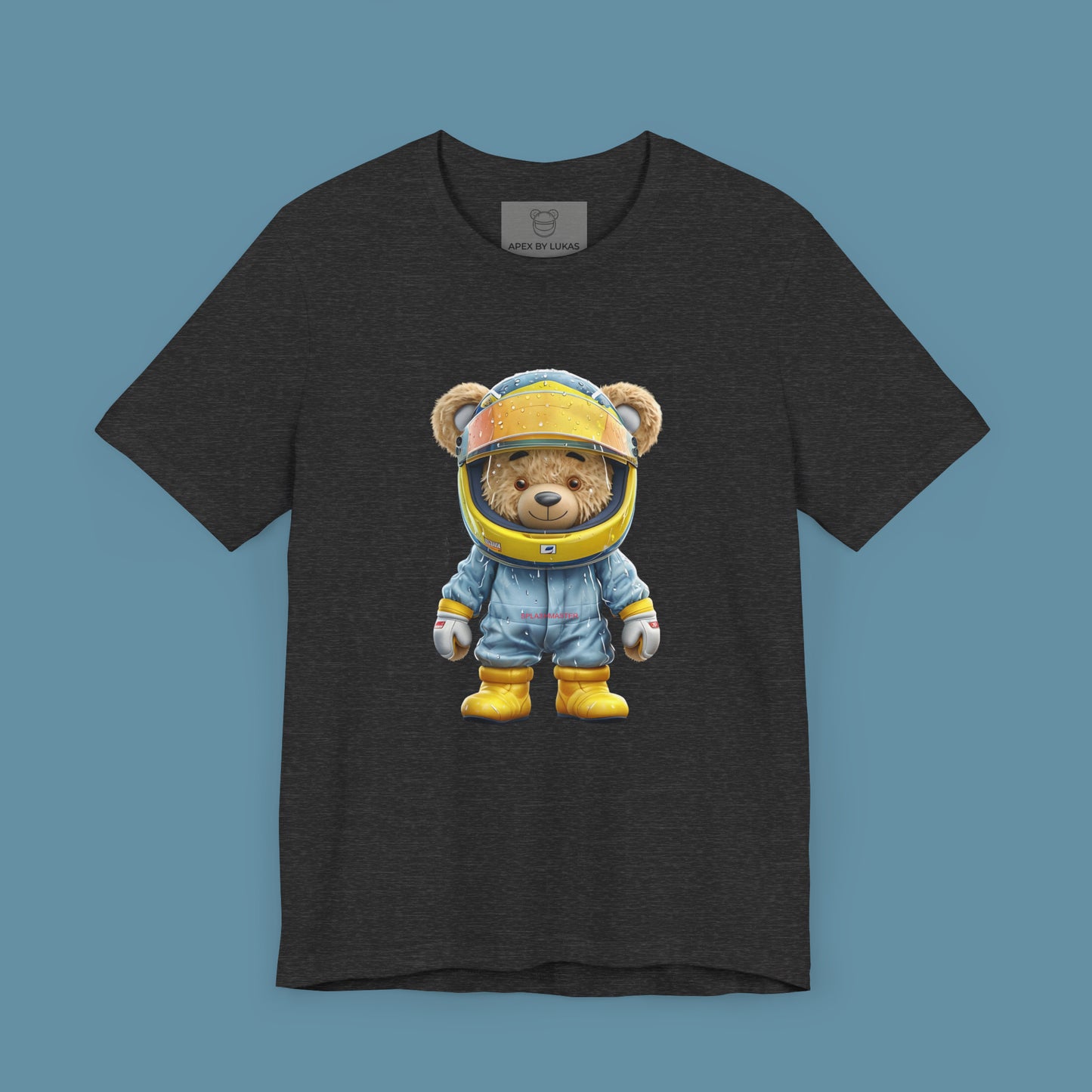 Splash Master teddy bear wearing a blue racing suit, yellow karting helmet, and racing shoes covered in raindrops on a dark grey heather unisex streetwear t-shirt