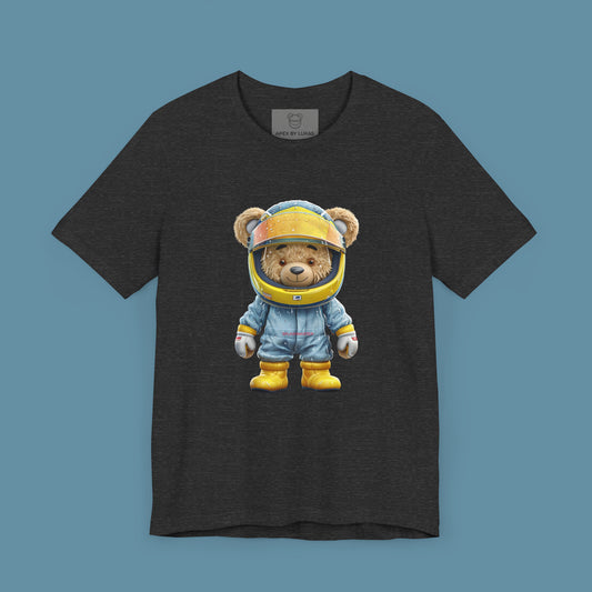 Splash Master teddy bear wearing a blue racing suit, yellow karting helmet, and racing shoes covered in raindrops on a dark grey heather unisex streetwear t-shirt