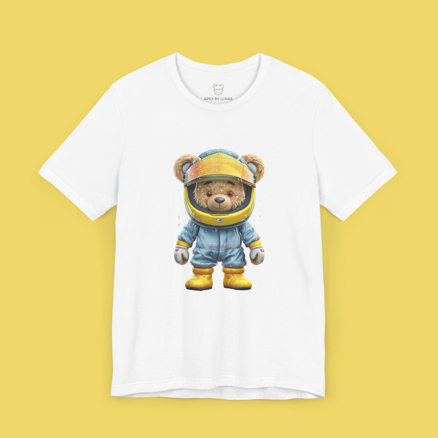 Splash Master teddy bear wearing a blue racing suit, and yellow karting helmet and racing shoes covered in raindrops on a white unisex streetwear t-shirt