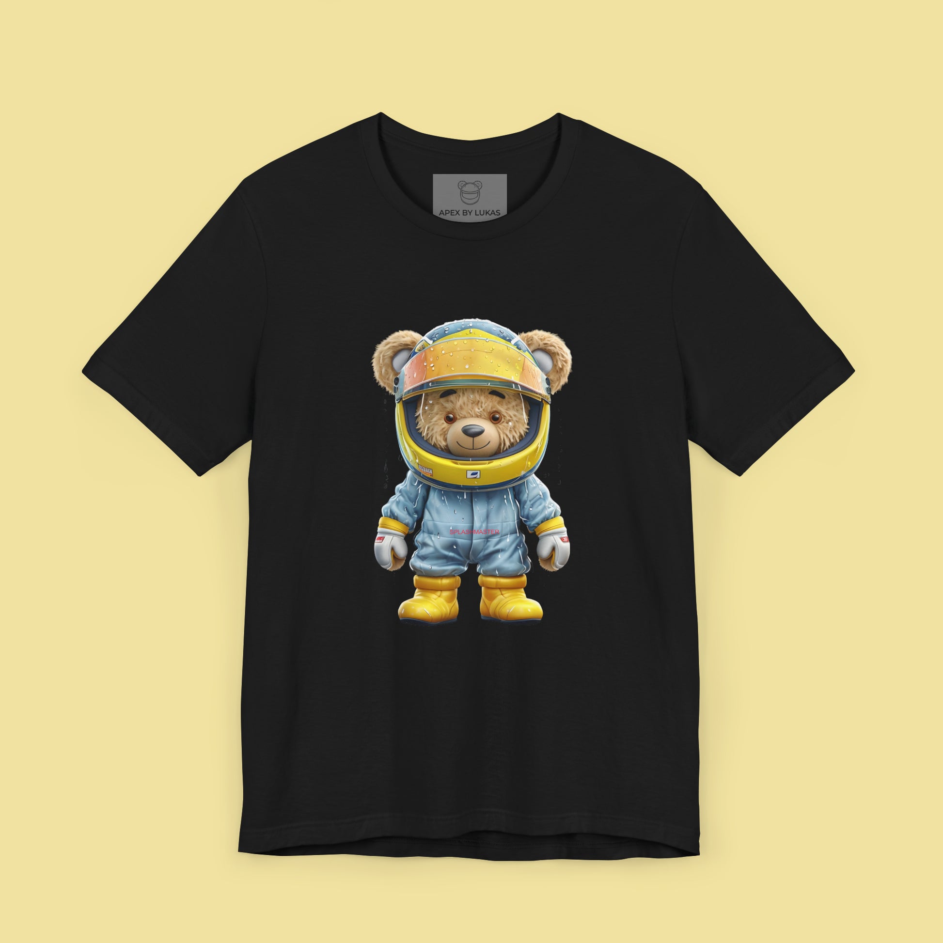 Splash Master teddy bear wearing a blue racing suit, and yellow karting helmet and racing shoes covered in raindrops on a black unisex streetwear t-shirt