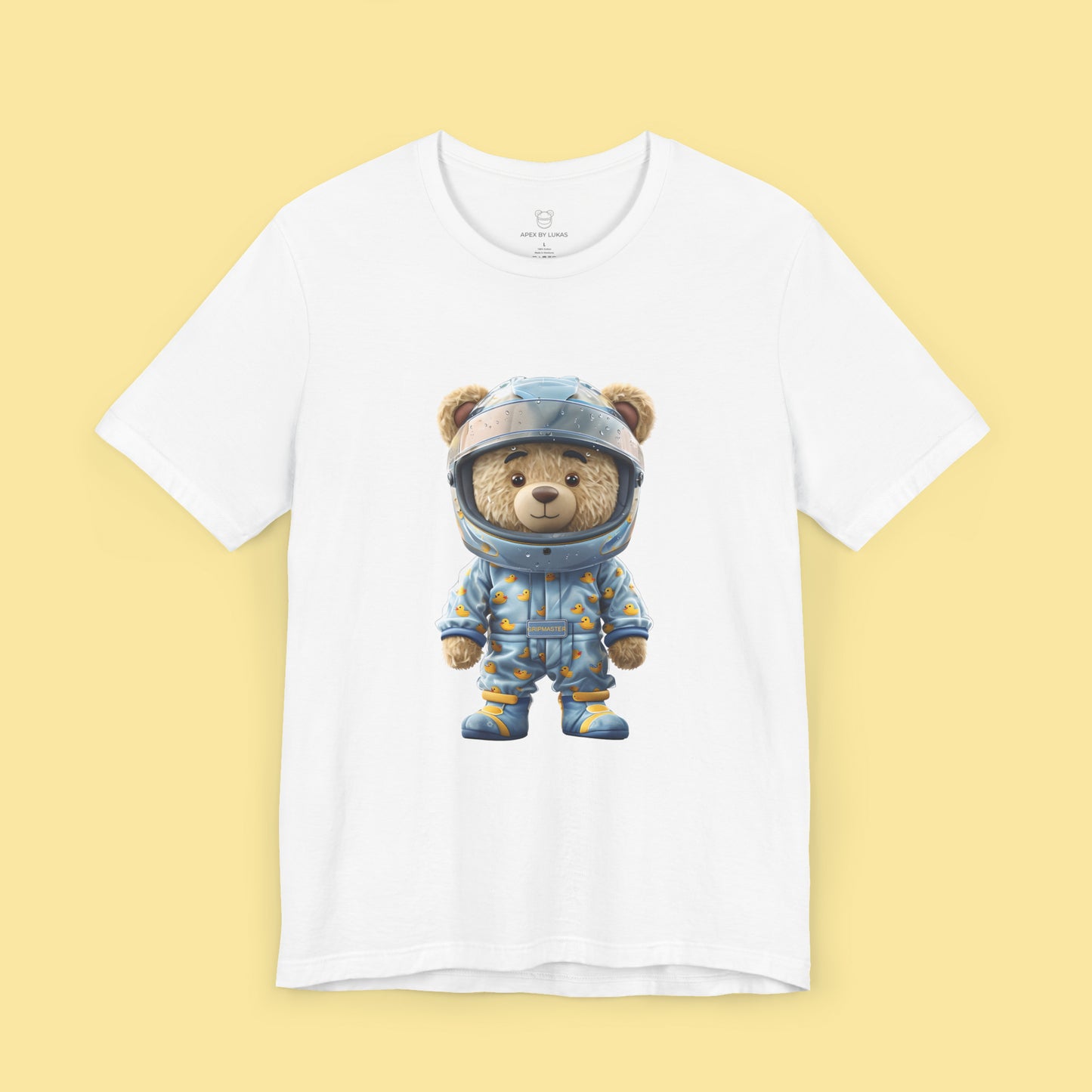 Grip Master teddy bear wearing a light blue karting racing suit with cute rubber duck pattern and light blue helmet on a white unisex streetwear t-shirt