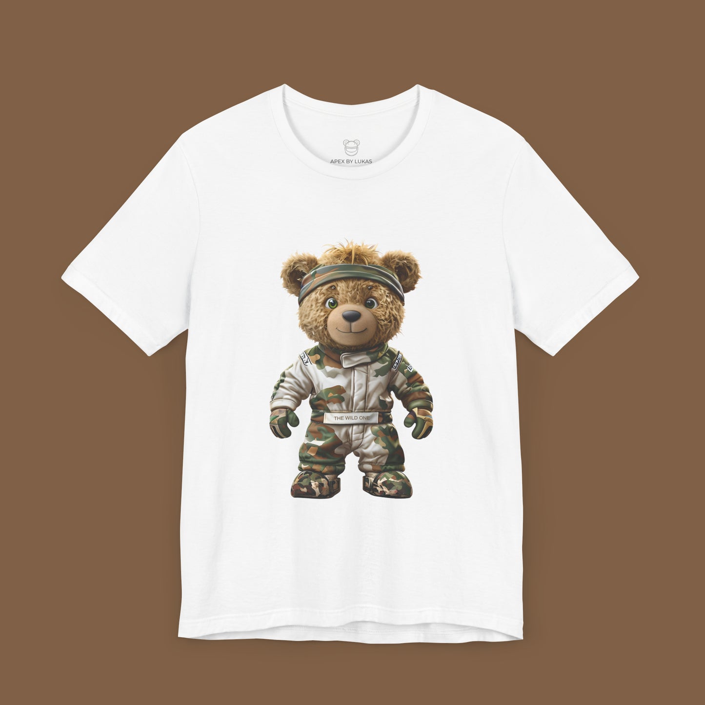 A teddy bear with messy hair wearing a military green racing suit with dirt patches and a bandana on a white unisex t-shirt