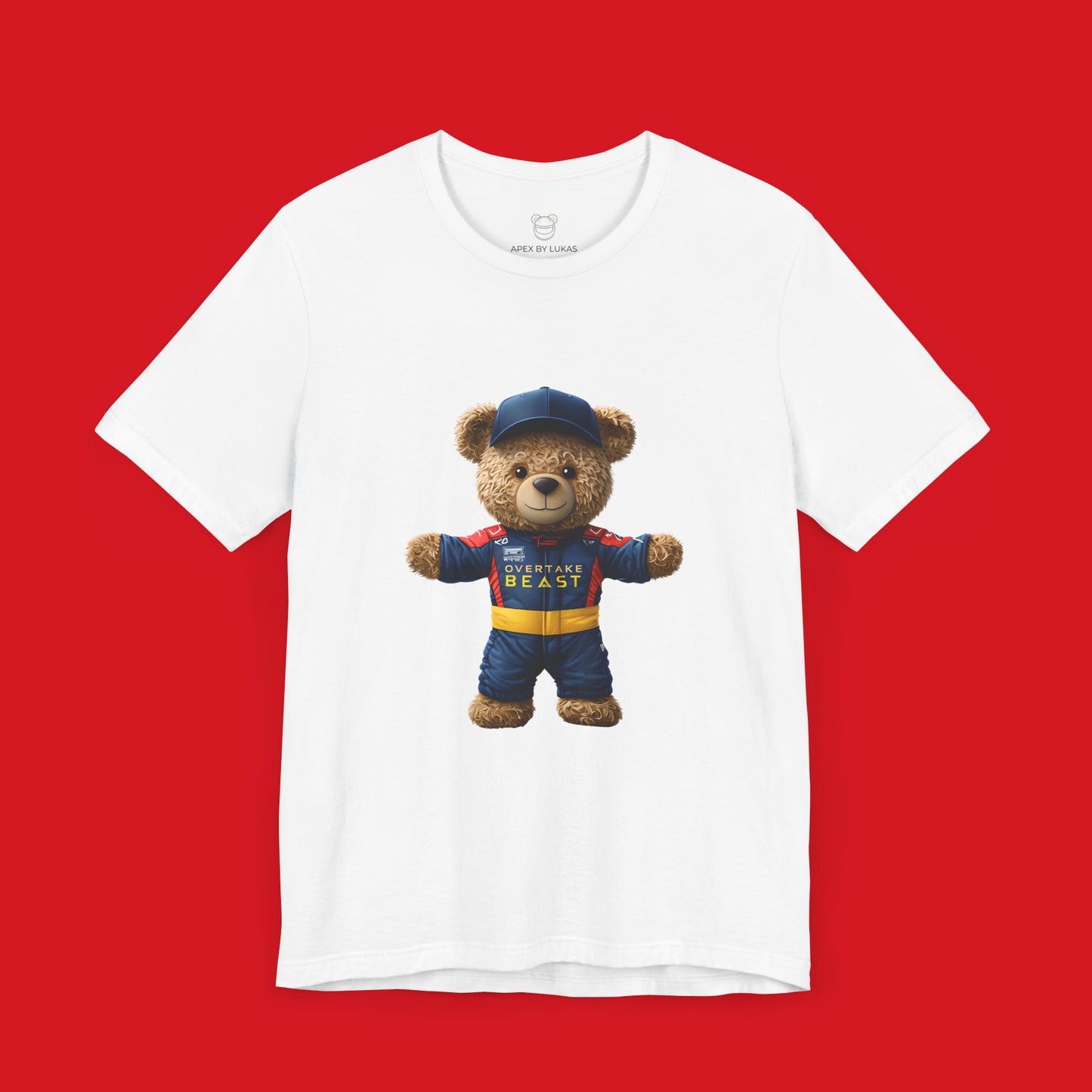 A confident teddy bear wearing Red Bull style racing suit and a dark blue cap on a white unisex t-shirt