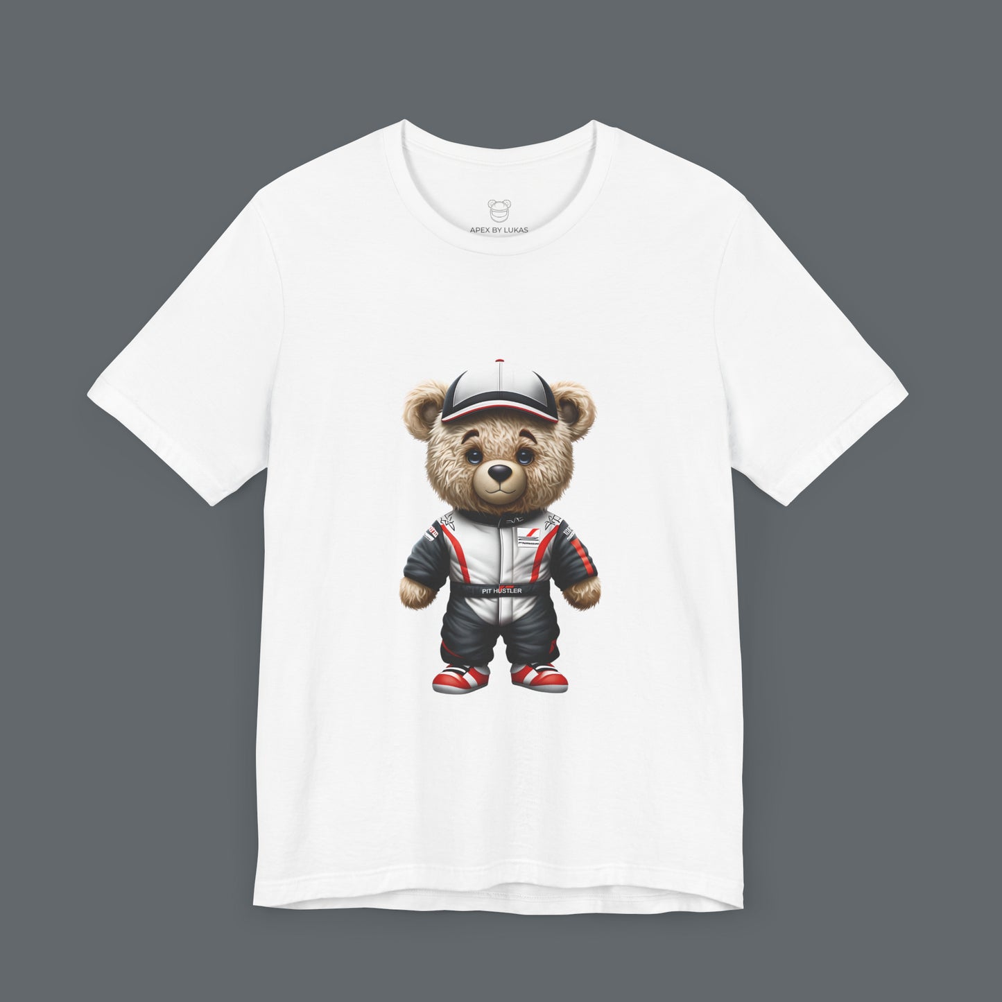 Serious yet cute Teddy Bear wearing a Haas look a like racing suit and a cap in white color with black and red accents on a white unisext-shirt
